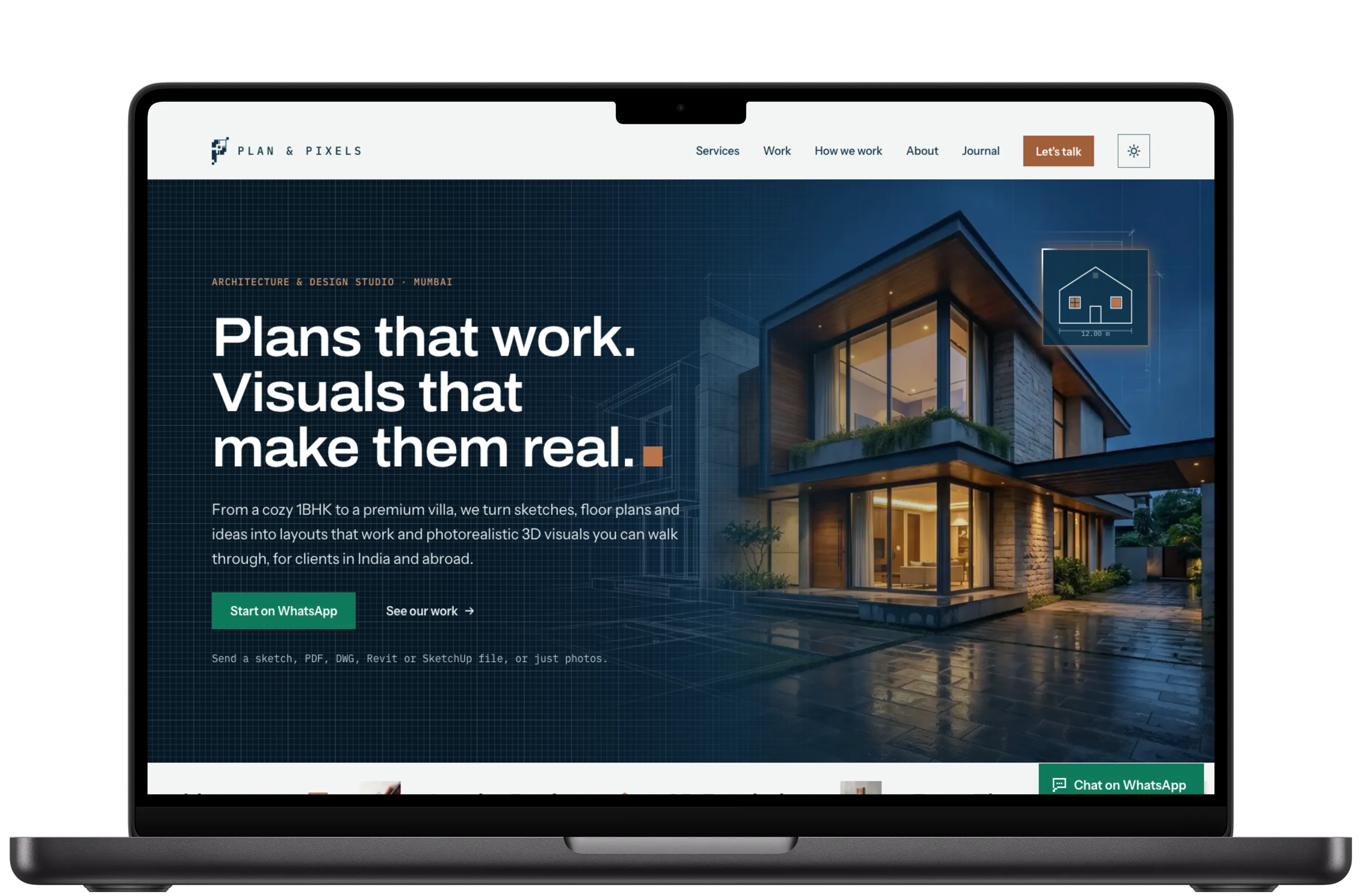 Plan and Pixels demo website shown on a laptop