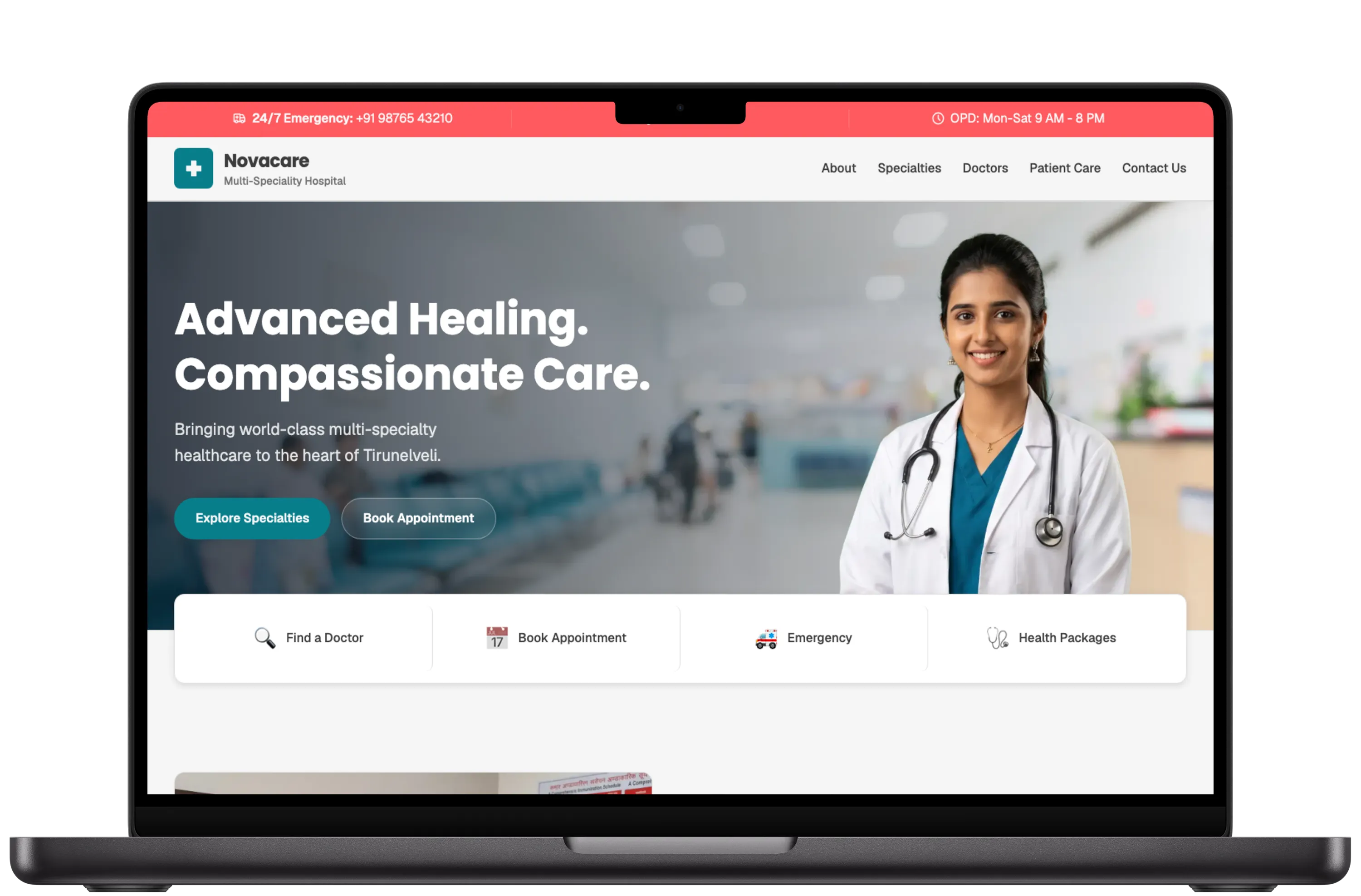 Novacare Hospital demo website shown on a laptop
