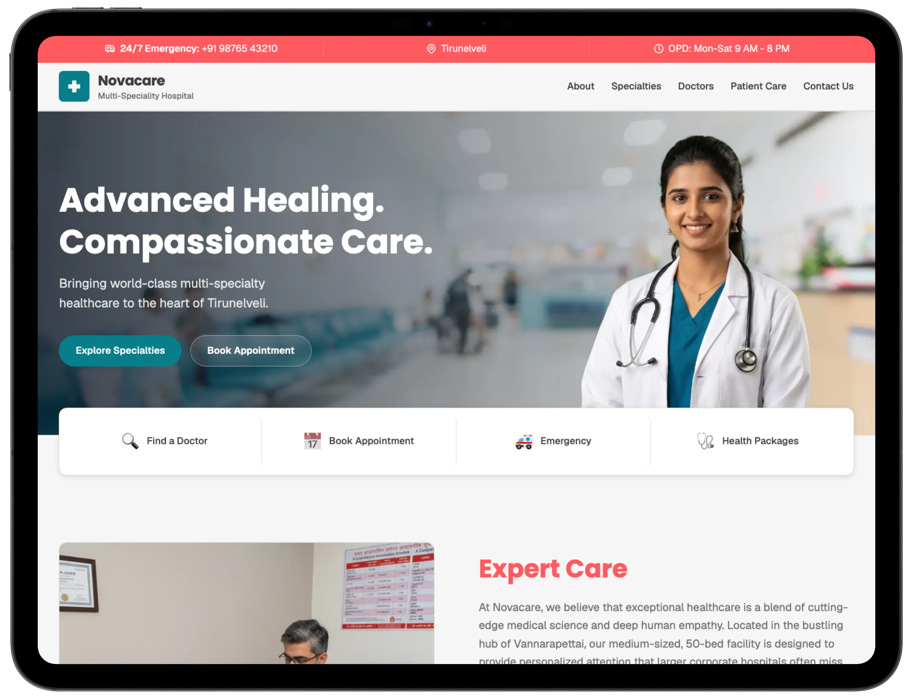 Novacare Hospital on a tablet, landscape